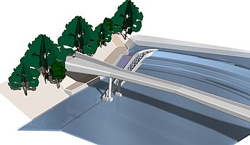 Unsere Skizze der Stadtwerke Gaggenau zeigt auf, wie die neue Wasserkraftanlage am rechten Murgufer bis unter die Fl�rscheimbr�cke aussehen wird. Foto: Stadtwerke Gaggenau